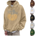 Men's tan fleece hoodie featuring pumpkin vine print and drawstring hood detail - S / Multi-Color Display (57)