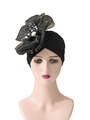 Women's black turban hat featuring a large mesh flower with pearls and gold stitching - One Size / Gold Thread Pearl Style / Black
