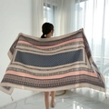 Ethnic style beige beach shawl with blue and pink patterns and decorative tassels - Dark Green-Beige Base Blue Pink Stripe Tassel / 180cm