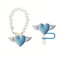 Blue heart wing straw topper set with faux pearl charm for 40oz tumblers - Straw Cap + Pearl Chain / Set-Blue