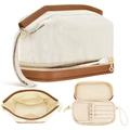 Neceser de pana beige con ribete de cuero y diseño de almacenamiento de doble capa - Beige + Marrón
