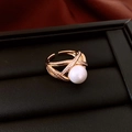 Gold plated open ring featuring a large white pearl and sparkling zircon accents - 58# Ring - Gold - Pearl Cross Line