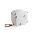 Small cosmetic pouch with green cactus print and brown leather handle strap - White Cactus Small
