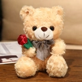 Light brown plush teddy bear with a plaid bow tie holding a red rose for Valentine's - Light Brown Bear Holding Flower / 20cm