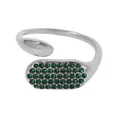 Bague ouverte en acier inoxydable argenté ornée d'une rangée de zircons verts brillants - US 7 / Style Zircone Émeraude Argentée (A244)