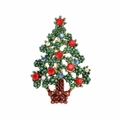 Detailed close-up of green enamel Christmas tree brooch with colorful rhinestones - Green Enamel Christmas Tree