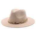 Light beige straw panama hat featuring a stylish gold link chain band decoration - M (56-58cm) / Pink