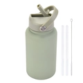 650ml green stainless steel insulated sports bottle with carry handle and cleaning brush - Bean Green