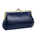 Vintage navy blue leather long clutch bag with golden metal kiss-lock closure clasp - Dark Blue