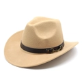 Detail of western fedora hat featuring a vintage leather belt buckle and rolled wide brim - M (56-58cm) / Camel
