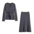 Women's dark gray knit two-piece set featuring V-neck long sleeve top and midi A-line skirt - S / Gray