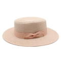 Classic boater straw hat for women with flat top and pink ribbon bow on white background - Light Pink