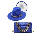 Royal blue fedora hat with gold chain detail and matching quilted chain crossbody bag - M (56-58cm) / Royal Blue + White