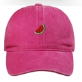 Close-up of watermelon slice embroidery on magenta washed cotton baseball cap - One Size / Rose Red