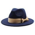 Detailed view of a navy blue fedora felt hat with a stylish tan bow ribbon decoration - Navy Blue