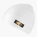 Close-up of white ribbed knit beanie with a brown leather patch and gold metal buckle detail - L(58-60cm) / White