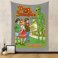 Detail of retro cartoon tapestry featuring alien illustration and safety education text - 73X95CM / Don't Talk to Strangers (Brushed)