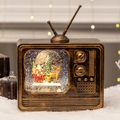 Vintage bronze TV-shaped Christmas snow globe with Santa and reindeer scene - TV Reindeer Sleigh