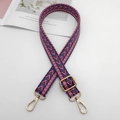 Pink and blue V-pattern woven shoulder strap with gold metal buckles and adjustable clips - Bright Pink Blue Coffee + Gold Hook