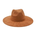 Sombrero fedora clásico de gamuza marrón con corona de lágrima y banda decorativa - Talla única / Camel