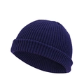 Detailed view of dark blue ribbed knit texture and folded cuff on the brimless beanie - One Size / Dark Blue