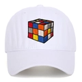Detailed close-up of colorful cube embroidery on white washed cotton baseball cap - White / Adjustable