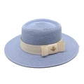 Detail of light blue straw boater hat with beige ribbon and golden bee metal ornament - M (56-58cm) / Sky Blue