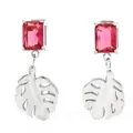 Silver leaf earrings with pink rectangular zircon and monstera leaf pendants - Silver Pink Zirconia (PDE893)