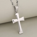 Polished silver double-layer stainless steel cross pendant necklace on a metal chain - Double Layer Cross / Steel