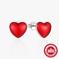 Vintage style S925 sterling silver stud earrings with vibrant red heart enamel finish - Bright Red Enamel Heart