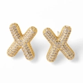Sparkling gold plated X-shaped stud earrings with pave set clear cubic zirconia stones - Letter X