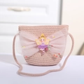 Mini stroh umhängetasche für mädchen mit rosa schleife und feen cartoon patch - Kleine Fee Rosa