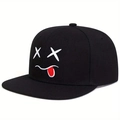 Zwarte snapback pet in streetwear-stijl met wit emoji-borduurwerk en een rode tong van katoen - Expressie C-XX Tong Eruit