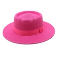 Rose pink straw boater sun hat with matching ribbon and flat brim for summer beach wear - Rose Red