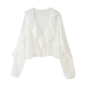 Detail of the ruffled V-neckline and tie-front closure on a white long-sleeve blouse - S / Milky White