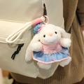 Plush bunny keychain variant in blue denim dress with pink lace on a white backpack - Cool Denim Pink Dress Style