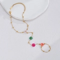 Detail showing colorful beaded flowers on an 18K gold-plated stainless steel chain necklace - Gold - Four-Color Flower Slave Bracelet