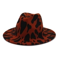 Detail of fedora hat showing brick red wool felt and black animal cow print patterns - M(56-58cm) / Wine Red Cow Print