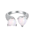 Anello regolabile in argento sterling S925 con due opali bianchi a forma di cuore - Aperto Regolabile / Bianco