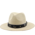 Sombrero Panamá de paja con banda de cuero bohemia y tachuelas para el sol - M (56-58cm) / Beige