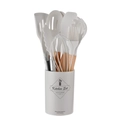 Set di 11 utensili da cucina in silicone bianco crema con manici in legno e contenitore - Bianco Latte Set da 12 Pezzi Con Secchiello Piccolo (Versione Leggera)