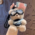Brown plush teddy bear keychain wearing black goggles and striped sweater charm - Black White Stripes (No Tag)