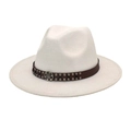 Detail of white fedora hat with brown leather band, silver studs and vintage metal buckle - M(56-58cm) / White