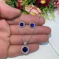 Elegant halo set round blue cubic zirconia pendant necklace and stud earrings set - Spinel Blue