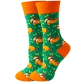 Green mid-calf socks with orange trim and yellow sloth pattern on knitted cotton - EU 36-42 / Green Background Sloth