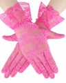 Neon pink sheer lace gloves with floral mesh and ruffle cuffs for women and kids - Rose Red