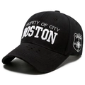 Black cotton baseball cap featuring Boston city embroidery and distressed brim details - Adjustable / Black With White Embroidery