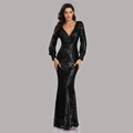 Elegant black sequin evening gown with deep V-neck, long sleeves and fishtail skirt design - US size 2 / Black