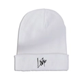 Close-up of white knit beanie featuring black hand-lettered LOVE embroidery on the folded cuff - M (56-58cm) / White