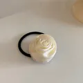 Handmade cream satin rose hair scrunchie with black elastic band for women - Satin Rose Hair Tie / Ivory